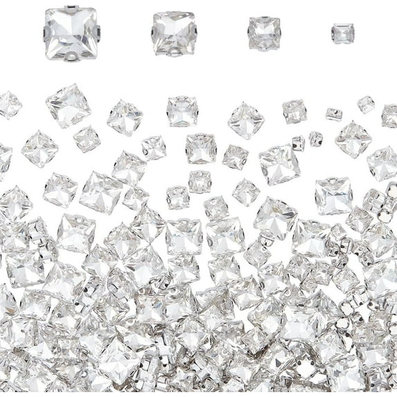 200Pcs 4 Style Square Sew on Rhinestone Multi-strand Links Glass Rhinestone with Stainless Steel Prong Settings Garments Accessories Faceted Clear 4.5~11x4~11x3.8~5.5mm Hole: 0.9~1.2mm 50pcs/style