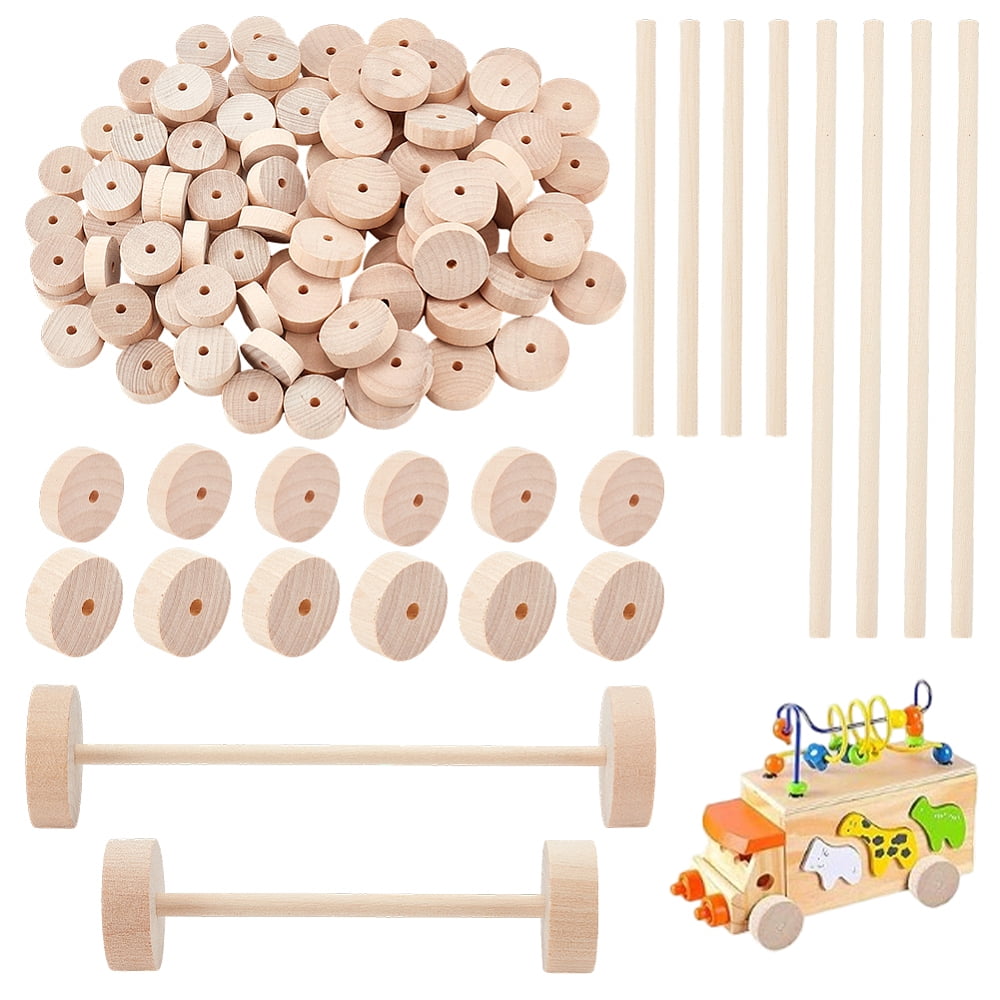 200Pcs 4 Styles Birchwood Wheel & Sticks DIY Accessories Flat Round & Column BurlyWood 28~150x10mm 50pcs/styles DIY