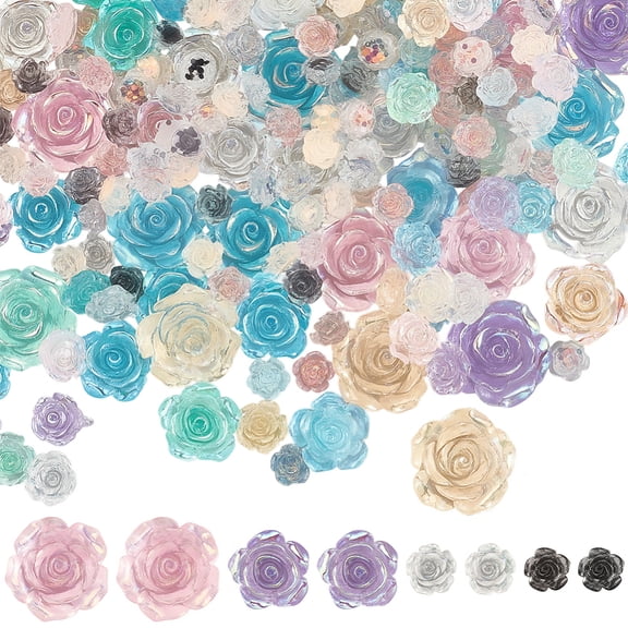 200Pcs 4 Styles Flatback Rose Resin Charms Flat Back Flower Cabochons Transparent Colorful 3D Floral Small Aesthetic Decoden Button Embellishments