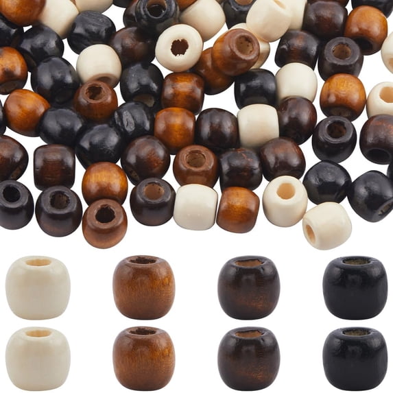 200Pcs 4 Styles Large Hole Wooden Craft Beads Wood Beads 11x12mm Loose Tan Black Lemon Coloured Natural Barrel of Beads for Jewelry Making Bracelet Necklace Christmas Women Beginners Adults Colorful