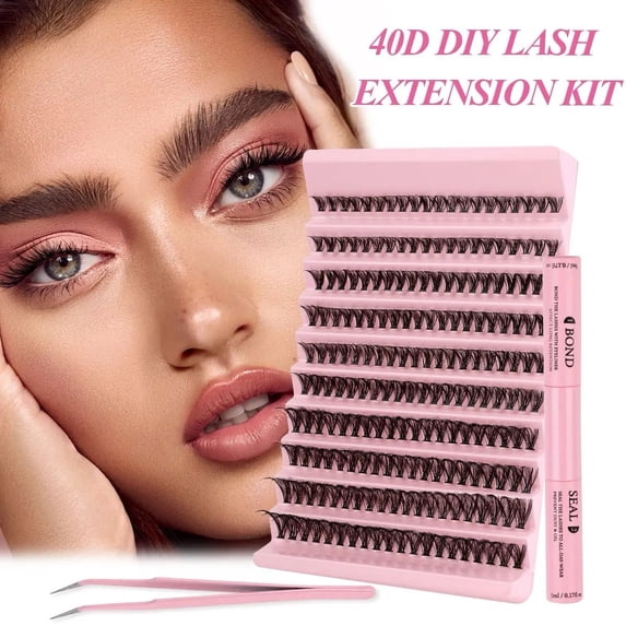 200Pcs 40D D Curl Eyelash Extensions Kit – Wispy Fluffy Natural Lashes with Bond & Seal, Precision Tweezer for Beginners, Easy DIY Home Application