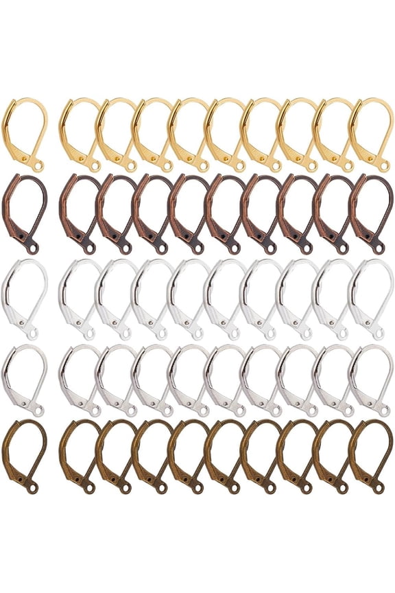 200Pcs 5 Colors Brass Leverback Earring Findings Ear Wire with Loops Mixed Color 10x15mm 40Pcs/color