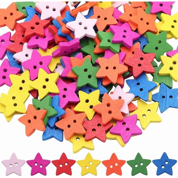 200Pcs 7 Colors Wooden Star Buttons 5/7" 2 Holes Sewing Scrapbooking Craft Embellishments Small Mini Colorful Dyed Pentagram Button Decoration for DIY Crafting Knitting Clothes DIY Projects