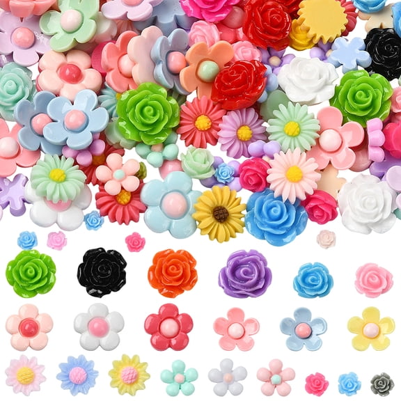 200Pcs 8 Styles Opaque Resin Decoden Cabochons Flower Mixed Color 5.5~20.5x5.5~21x3~9mm DIY