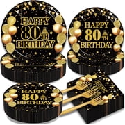 200Pcs 80th Birthday Party Tableware Set, Back in 1946 Birthday Party Decorations Supplies for Men Women Cheers to 80 Years Disposable Paper Plates Napkins Forks Favors, Serve 50
