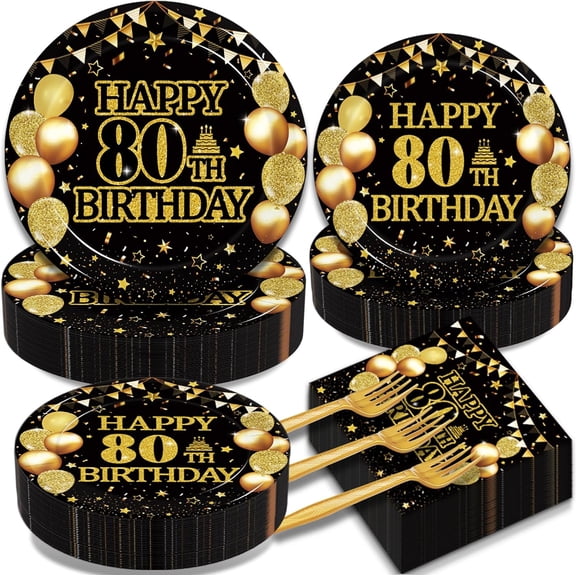 200Pcs 80th Birthday Party Tableware Set, Back in 1946 Birthday Party Decorations Supplies for Men Women Cheers to 80 Years Disposable Paper Plates Napkins Forks Favors, Serve 50