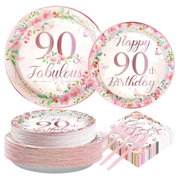 200Pcs 90th Birthday Party Decorations for Women Rose Gold Floral 90th Birthday Plates and Napkins Tableware Sets 90 and Fabulous Party Supplies for 90 Years Old Birthday Party Favors Serves 50 Y114