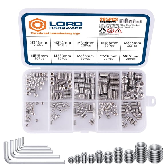 200Pcs Allen Head Socket Hex Set Screw Bolts Assortment Grub Screws Kit Metric M3 M4 M5 M6 M8 w/Internal Hex Drive, Stainless Steel