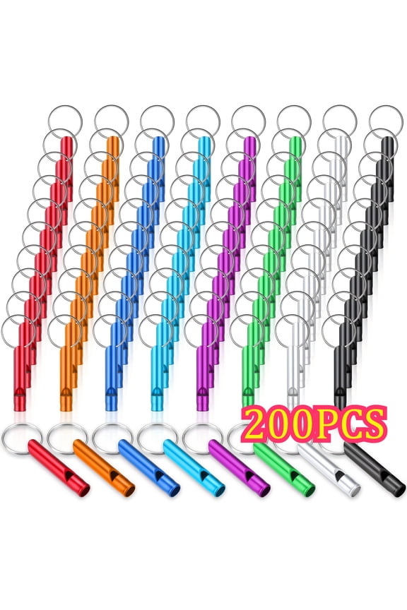 200Pcs Aluminum Alloy Emergency Whistles, Super Loud Waterproof Survival Safety Whistle with Keychain, Multi-color for Outdoor Sports, Hiking, Camping, Referee Training, Durable Cylindrical Design