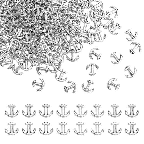 200Pcs Anchor Beads Bulk 0.39x0.39 inch Tibetan Style Anchor Spacer Beads Vintage Nautical Theme Loose Bead Silver Alloy Bead