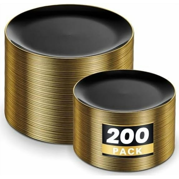 200Pcs Black Plastic Plates - Black Plates Disposable for Party - Include 100 for Dinner and 100 for Dessert for Birthday/Wedding/Halloween