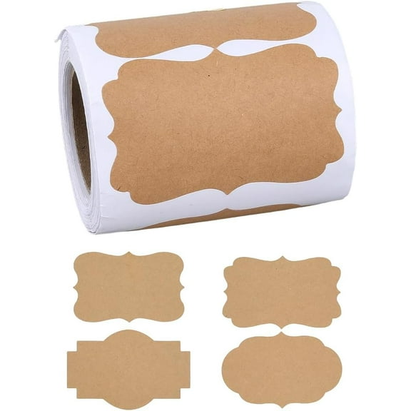 200Pcs Blank Kraft Paper Stickers 49x73x0.1mm Brown Writable Self-Adhesive Labels with Mixed Shapes for Essential Oil Bottle Jars Food Storage Gift Decoration