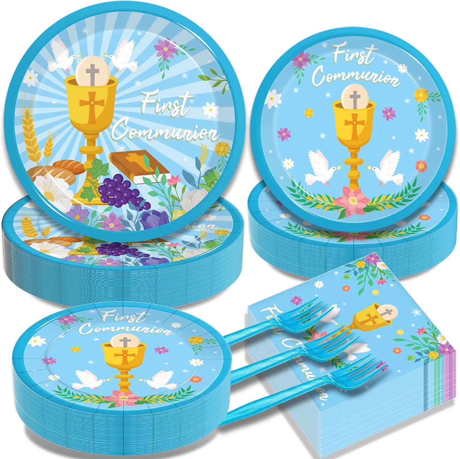 200Pcs Blue Baptism Plates and Napkins, First Holy Communion Party Decorations Supplies for Boys God Bless Christening Celebration Party Baby Shower Disposable Tableware Set, Serves 50