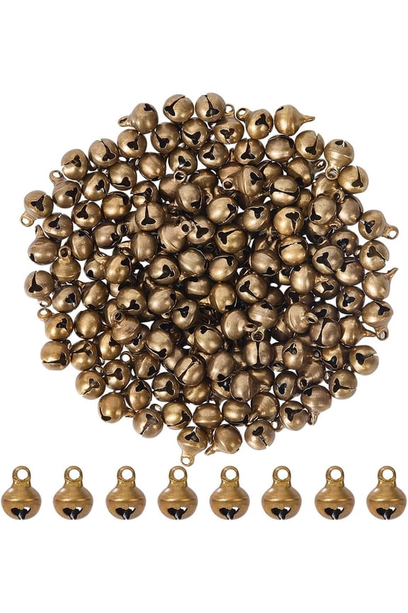 200Pcs Brass Bell Charms with Iron Loop Antique Bronze 8x6mm Hole: 1.4mm