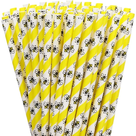 200Pcs Bumble Bee Paper Straws - Summer Honey Bee Yellow White Disposable Drinking Straws for Juices, Shakes, Cocktails - Baby Shower, Wedding Decor, Event Supplies
