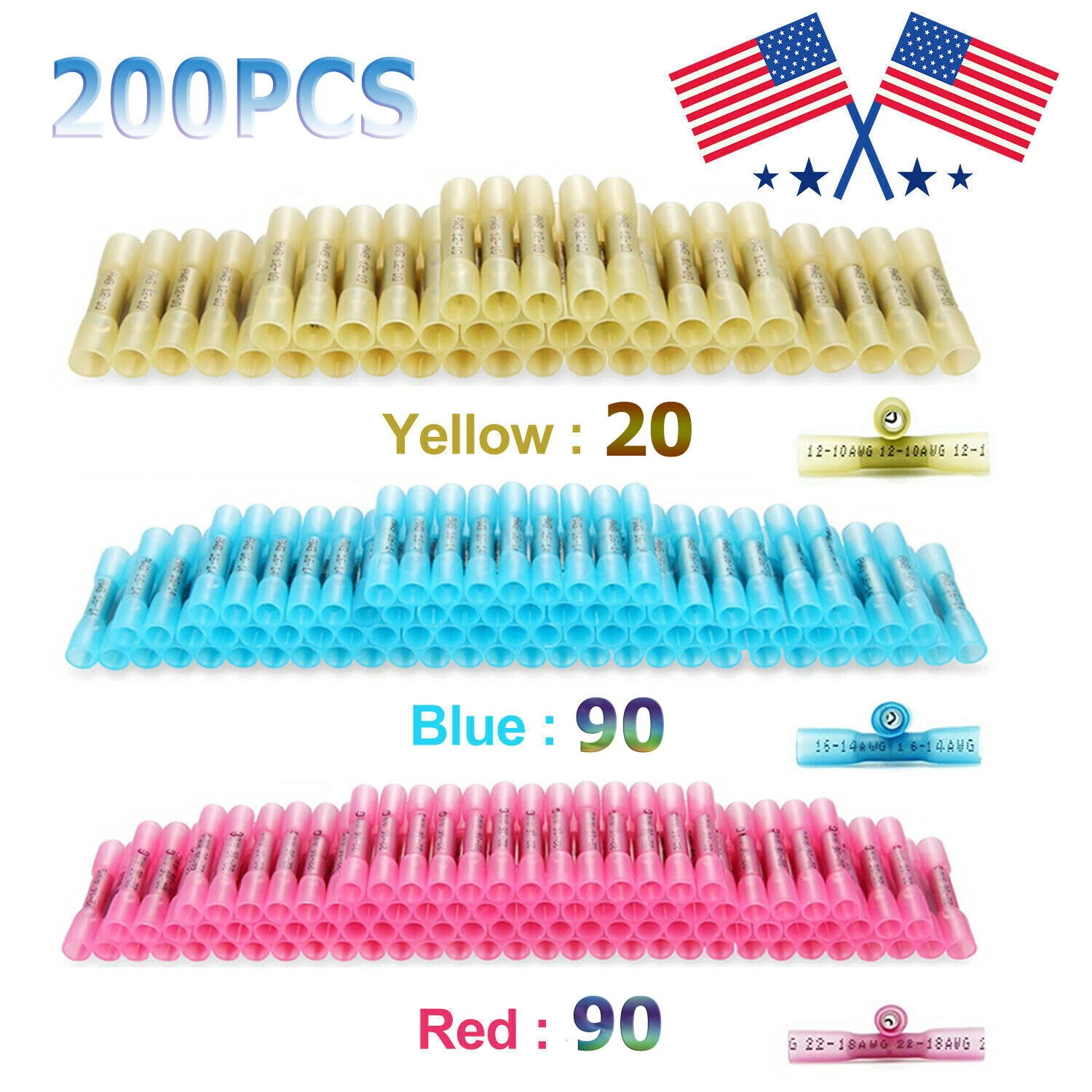 200Pcs Butt Wire Splice Connectors Heat Shrink Seal Crimp Terminals Waterproof