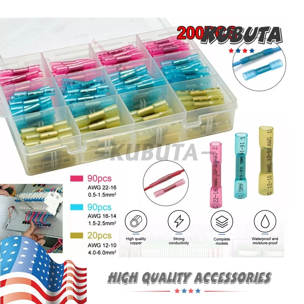200Pcs Butt Wire Splice Connectors Heat Shrink Seal Crimp Terminals Waterproof