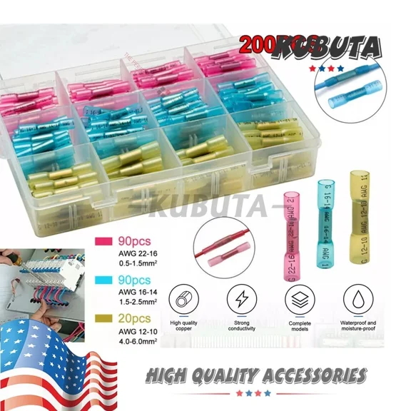 200Pcs Butt Wire Splice Connectors Heat Shrink Seal Crimp Terminals Waterproof