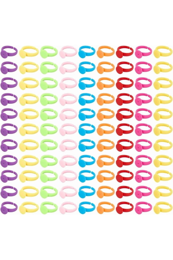 200Pcs Cabochon Ring Blanks Adjustable Blank Rings Colorful Acrylic Open Finger Ring Bases Tray Settings Components with 9mm Round Pad