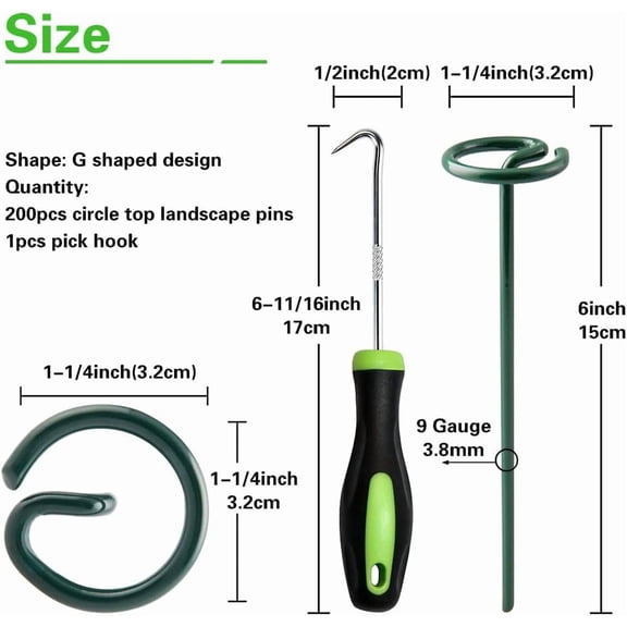 200Pcs Circle Top Landscape Staples, 6 Inch Green Artificial Turf Stakes, 9 Gauge Landscape Fabric Pins, Heavy Duty Yard Lawn Spikes for Outdoor Soil Gardening Weed Barrier Sod Fabric - 6"