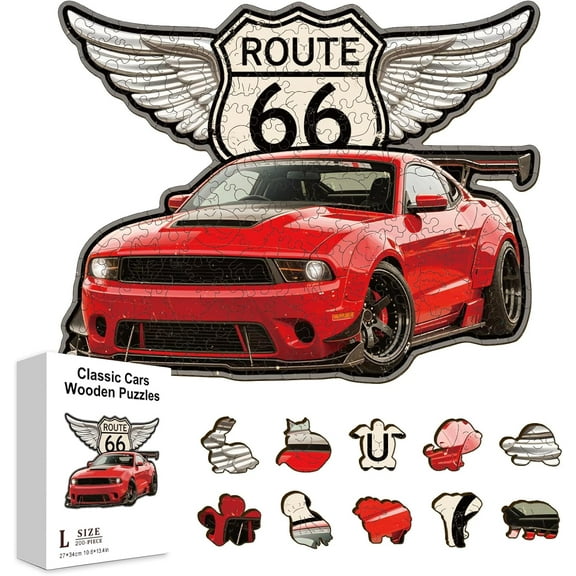 200Pcs Classic Cars Wooden Jigsaw Puzzles forAdults 13.4x10.6inch Racing Route 66 Colorful Unique Animal Shaped Jigsaw Puzzles
