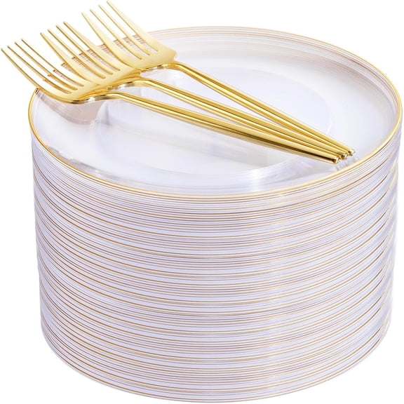200Pcs Clear Gold Dessert Plates With Plastic Gold Forks, 100pcs 7.5inch Plates For Appetizers,100pcs 7.8inch Premium Forks Disposable, Cake Platos Disposable for Wedding