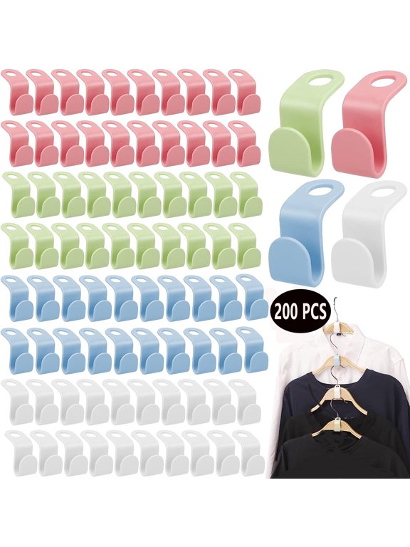 200Pcs Cloth Hanger Connector Hooks,Plastic Hanger Extender Clips for Hangers Space Saving and Clothes Closet Organizer,Red,Green,Blue,White