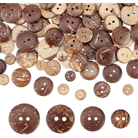 200Pcs Coconut Button Flat Round 2 Hole Buttons 4 Sizes Natural Wooden Shell Buttons