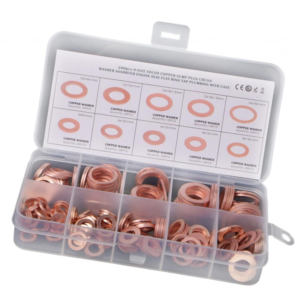 200Pcs Copper Washer Gasket Set Crush Washer Gasket Assortment Set 6 Sizes Crush Washer Assortment M5 M6 M8 M10 M14 Durable Metric