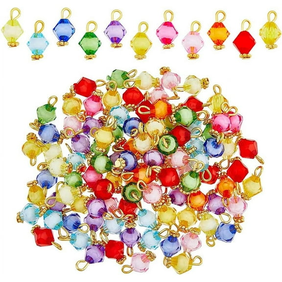 200Pcs Dangle Charms Acrylic Bicone Bead Charms with Gold Iron Pins Faceted Drop Glass Pendant for DIY Jewelry Making Necklace Earring Accessories Hole: 2.5mm
