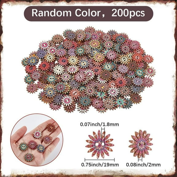 200Pcs Decorative Wooden Buttons Embellishments Flower Shaped Button 19mm Vintage Mixed Pattern 2 Holes Wood Craft Tags for Crafting Clothes Fasteners Sewing Skirts Replacement Scrapbooking