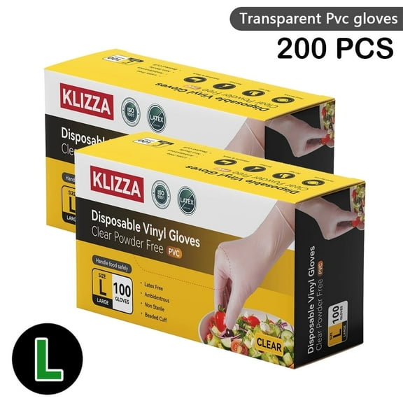 200Pcs Disposable Gloves, PVC Gloves Latex Free Powder-Free Health Glove Cleaning Rubber Glove for Kitchen Cooking Cleaning Food Handling(L Size)
