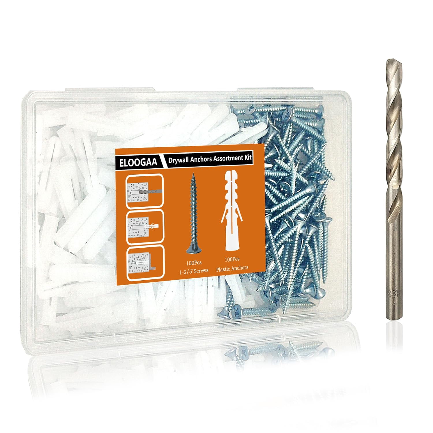 200Pcs Drywall Anchors and Screws Kit, 100Pcs Ribbed Plastic Wall Anchors with 100Pcs 1-1/5" Screws & Drill Bit, Heavy Duty Anchors for Hanging Pictures, Shelves, Home Mounting