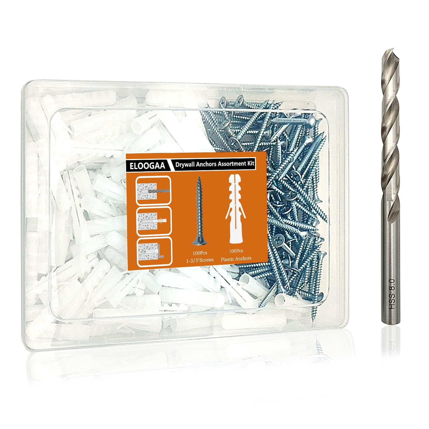200Pcs Drywall Anchors and Screws Kit, 100Pcs Ribbed Plastic Wall Anchors with 100Pcs 1-1/5" Screws & Drill Bit, Heavy Duty Anchors for Hanging Pictures, Shelves, Home Mounting