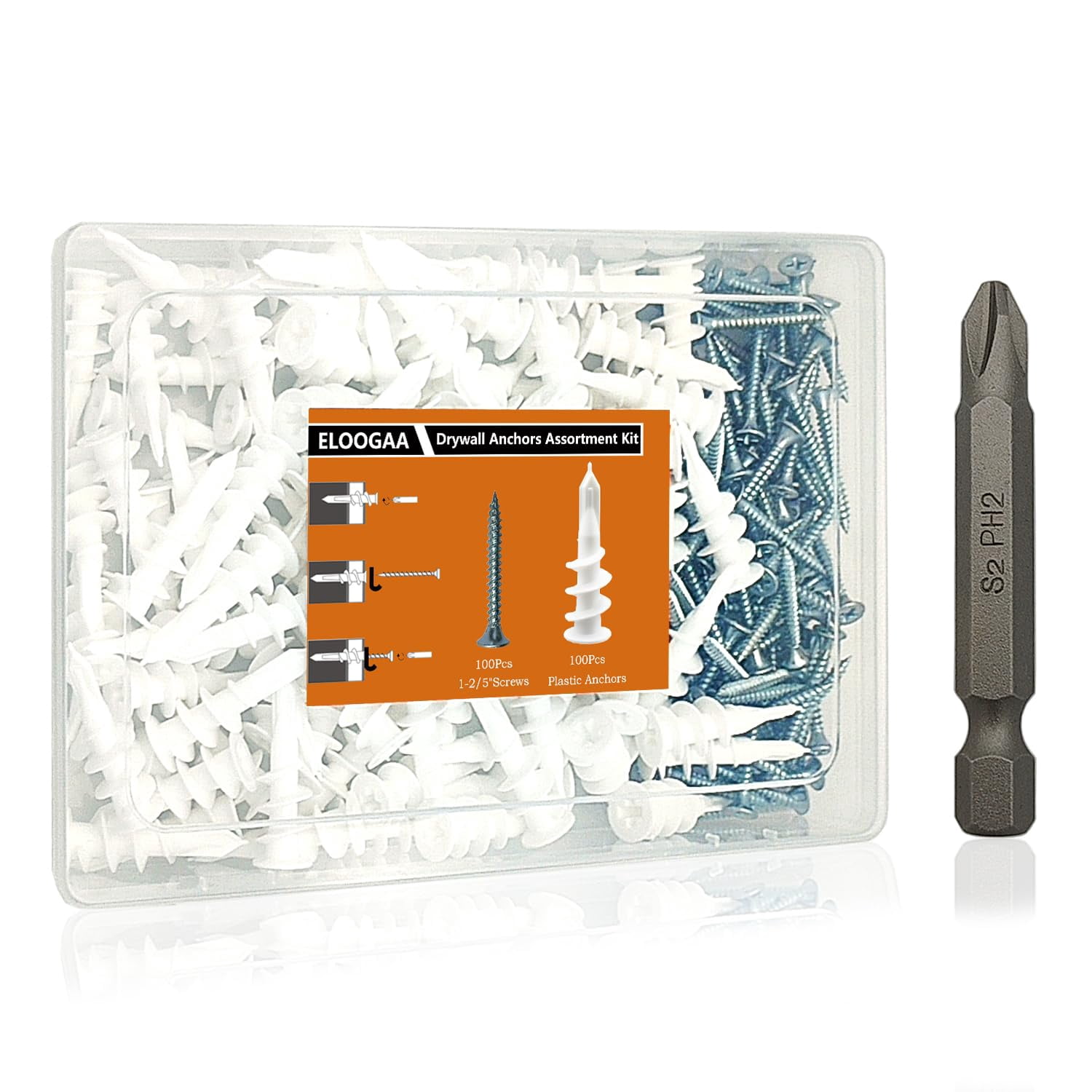 200Pcs Drywall Anchors and Screws Kit, 100Pcs Self-Drilling Plastic Wall Anchors with 100Pcs #8 Phillips Screws & PH2 Bit, Heavy Duty Anchors for Hanging Pictures, Shelves, Home Mounting
