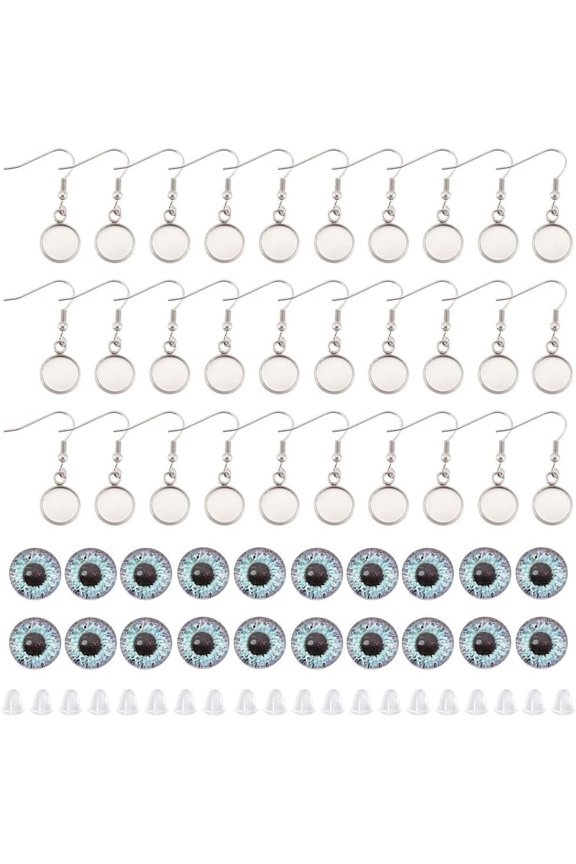 200Pcs Earring Making Kit 50Pcs Earring Wire Hooks 50Pcs Glass Cabochon Setting and 100Pcs Ear Nut Earring Bezel Trays for Jewelry Making Tray: 10mm Pin: 0.8mm for DIY