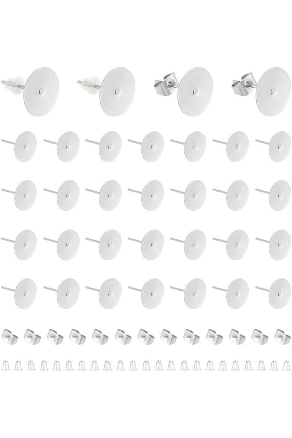 200Pcs Earring Posts Golden Stud Earring Findings 10mm Blank Flat Pad Earring Studs 200pcs Flat Ear Backs Stainless Steel Flat Back Blank Earring Studs Earring for DIY Jewellery Making DIY