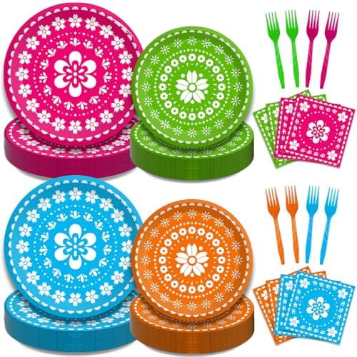 200Pcs Fiesta Party Plates, Mexican Cinco De Mayo Party Decorations Supplies Mexican Papel Picado Disposable Paper Plates Napkins for Taco Carnival Birthday Baby Shower Tableware, Serves 50$$