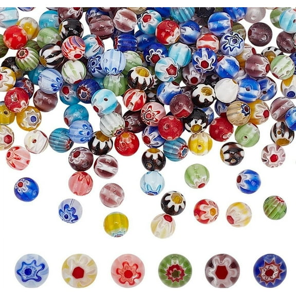 200Pcs Flower Glass Round Beads 6mm Millefiori Lampwork Glass Beads Colorful Flower Loose Beads Flower Glazed Beads for Jewelry Making Hole: 1mm