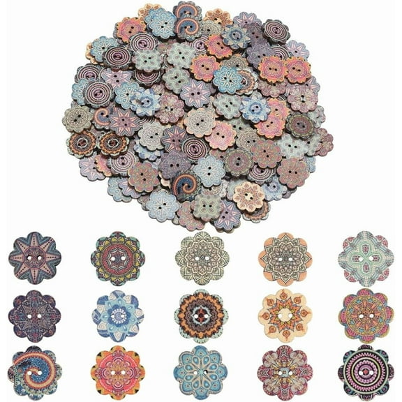 200Pcs Flower Painting Wooden Buttons with 2 Holes 4/5 Inch Random Vintage Round Natural Wood Sewing Button Decorative for DIY Crafts Garment Crochet Sweater Shirt Embellishment diy