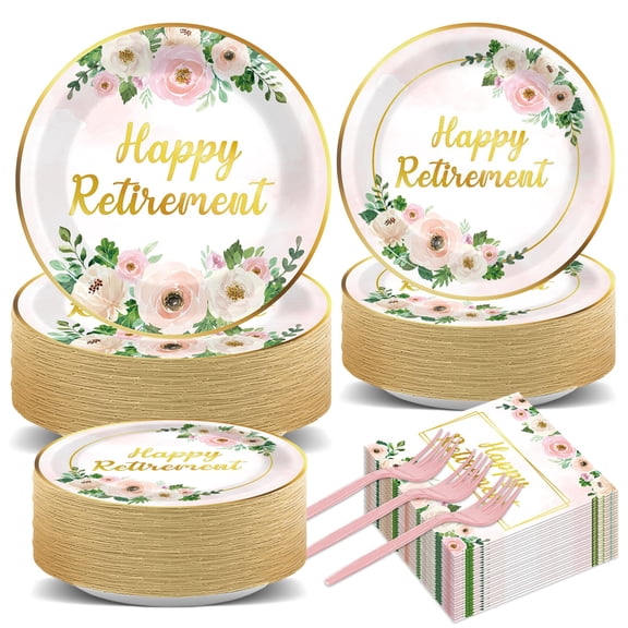 200Pcs Flower Retirement Party Decor for Women White Happy Retirement Plates Tableware Pink Gold Floral Retirement Dinnerware Napkin for Goodbye Going Away Farewell Party Supplies 50 Guests Y102