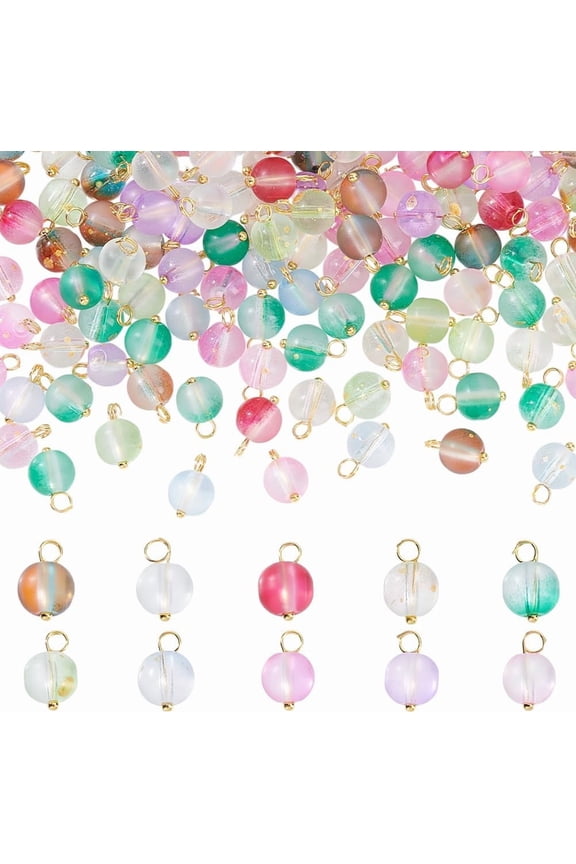200Pcs Frosted Baking Paint Glass Charms Round Charm with Golden Brass Ball Head Pins Loops Two Tone Mixed Color 12.5x8mm Hole: 2.5mm