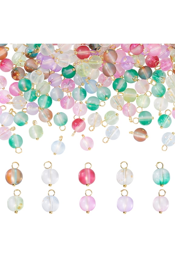 200Pcs Frosted Baking Painted Glass Charms Round Charm with Golden Brass Ball Head Pins Loops Two Tone Mixed Color 12.5x8mm Hole: 2.5mm