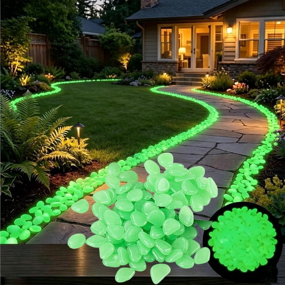 200Pcs Glow in The Dark Garden Stones, Green Night Guide Pebbles for Walkways Yard, Fluorescent Rocks for Landscaping