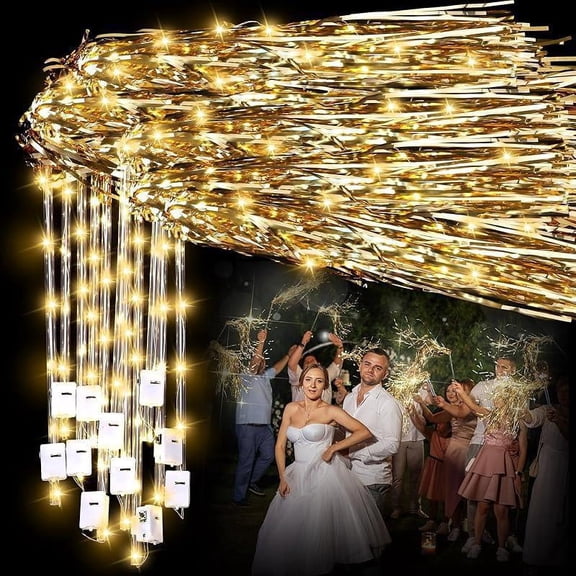 200Pcs Gold Light Up Wedding Sparklers Wedding Wands Ribbon Streamers LED Fairy Wands with Bells for Birthday Concert Raves