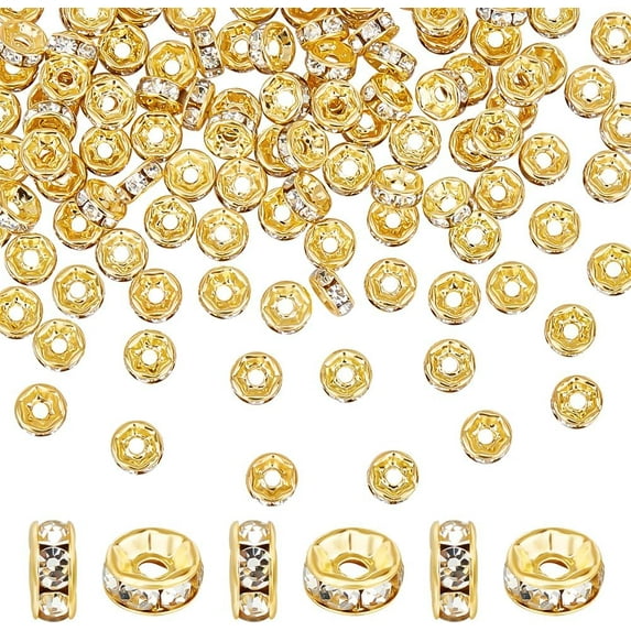 200Pcs Golden Brass Rhinestone Spacer Beads Flat Round Bead Crystal Rhinestone Straight Flange Disc Beads Golden Metal Round Loose Beads for Jewelry Making 6mm