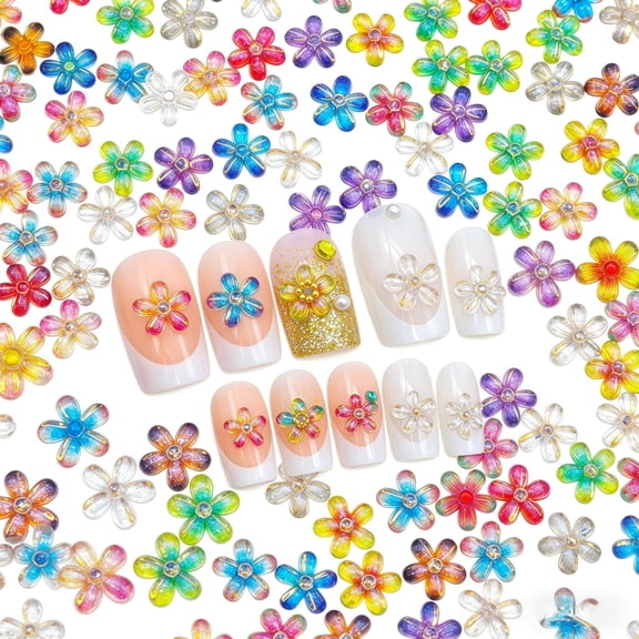 200Pcs Gradient Holographic Gold Foil Five-Petal Flower Resin Nail Art Charms, Iridescent Ice Transparent Small Flower Nail Rhinestones for DIY Nail Art, Earring Making, Jewelry Accessories