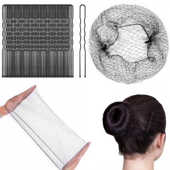 200Pcs Hair Pins & Hair Net Kit, 100Pcs Hair Pins with 100Pcs 20" Invisible Elastic Hair Nets for Ballet Bun, Work, Women & Wig