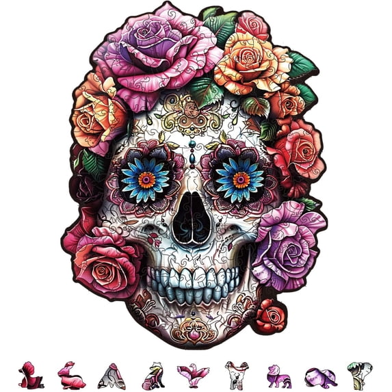 200Pcs Day of The Dead Wooden Jigsaw Puzzles for Adults 280x366mm/11x14.4inch Halloween Skull Flower Wood Adult Puzzles Colorful Unique Animal Shaped Wooden Puzzles