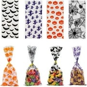 200Pcs Halloween Snack Bags Clear Candy Cookie Treat Bags with Twist Ties, 4 Patterns Pumpkin Bat Spider and Witch Design